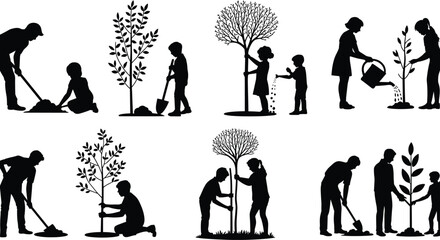 Parents and children planting trees silhouette vector illustration set, family gardening activity, environmental conservation concept, reforestation awareness, sustainable living, nature protection
