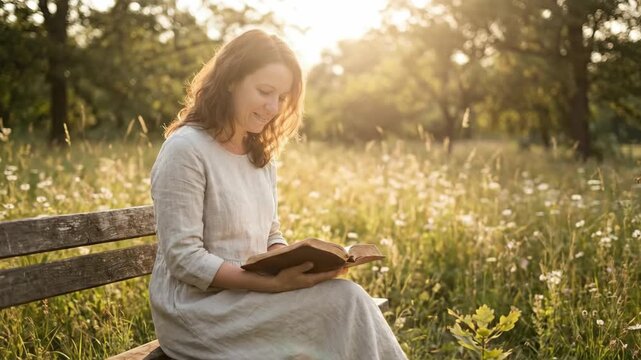 Woman Reading Bible on Bench in Meadow at Sunset