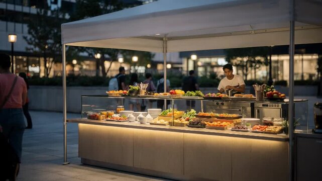 Urban plaza scene with a popup food stall under a sleek canopy tent focusing on the inviting counter display while shoppers and cityscape are softly blurred.