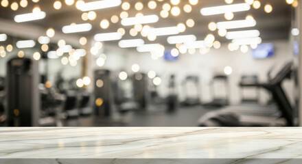 Obraz premium Empty marble table top in blurred modern gym background