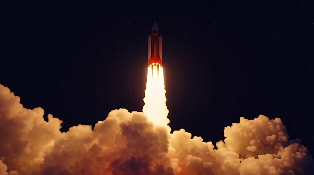 Massive fiery rocket launch blasts upward into the dark night sky creating huge smoke clouds reflecting light off the water below during an exciting space mission beginning.