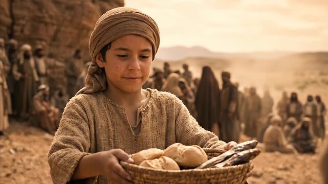 Young Boy Offers Woven Basket of Bread and Fish in Ancient Biblical Desert