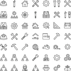 Fototapeta premium Comprehensive Labor Day and Construction Tool Line Icon Set Featuring Industrial Safety Gear Hard Hats Wrenches Hammers Measurement Tools