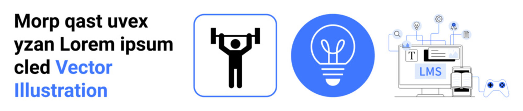 Fitness training, innovation, e-learning, digital tools, technology, productivity. Weightlifting icon, lightbulb and LMS graphic with connections and devices. Fitness and innovation vividly