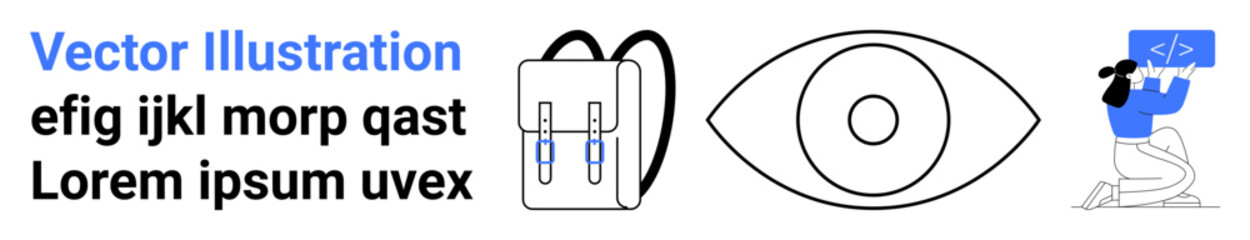 Education, learning, creativity, coding, vision, design technology. A backpack, an eye and a person working on code. Education and creativity through distinct symbols and actions © robu_s