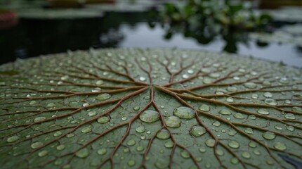 Close-up of water droplets on a Victoria amazonica lily pad's intricate veining