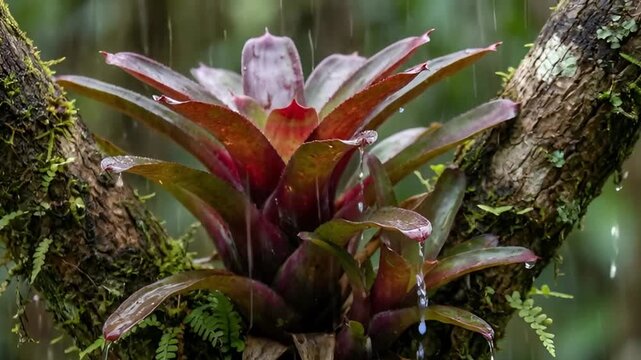 Raindrops fall on a vibrant bromeliad growing on a mossy tree branch