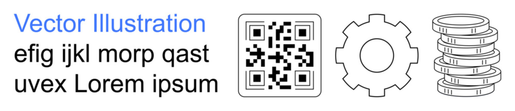 Technology, fintech, automation, digital tools, industry, communication. QR code, gear stacked coins and placeholder text. Technology and fintech digital tools and innovation