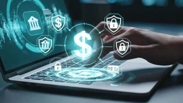 Cybersecurity professional utilizes a modern laptop interface displaying glowing digital icons representing financial protection, banking security, and data encryption technologies for secure transact