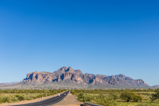 Scenic view of Superstition Mountains at the end of the road in Lost Dutchman State Park near Phoenix, Arizona