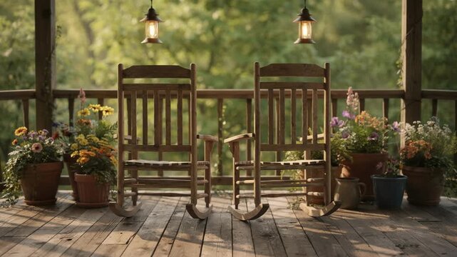 Rustic porch rockers on a wooden deck with hanging lanterns and flower pots capturing an intimate space perfect for peaceful afternoons in nature.