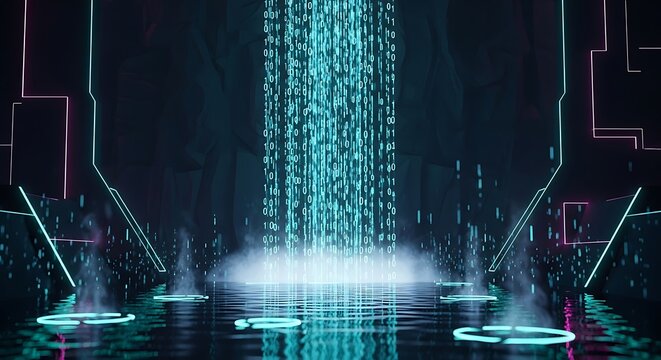 Futuristic Digital Rain Matrix Effect with Neon Lights and Smoke.