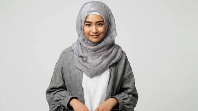 An Asian woman wearing a hijab shrugs with a questioning expression