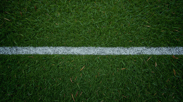 Top down view of a soccer field featuring a detailed grass texture and a bold white sideline. The image showcases close up green turf with visible blades.