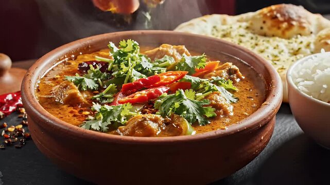 Close up of a hearty stew in a rustic bowl with accompaniments