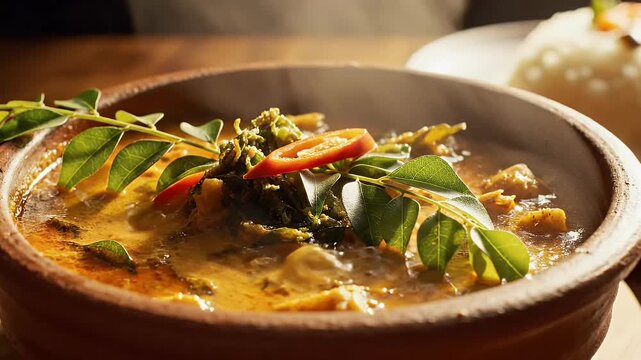 Close up of a rustic dish in a ceramic bowl with ingredients