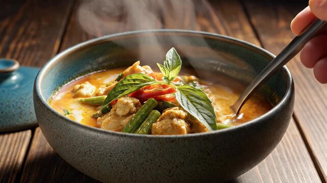Close up of a steaming bowl of curry on a wooden surface