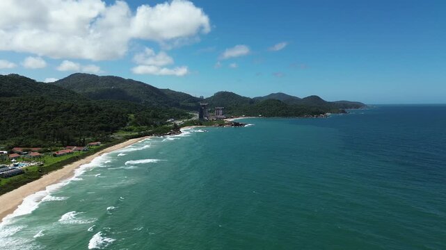 Aerial view of the coastline and mountains in Itapema, Brazil