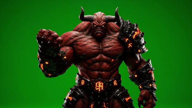 Realistic Crimson Demon Lord in Molten Armor Flexing Claw on Chroma Key
