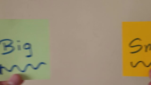Two sticky notes with the words Big and Small written on them, representing contrast