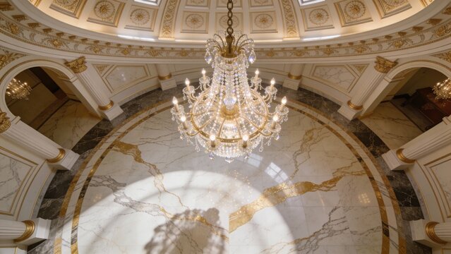 Elegant wallpaper floor room scene with marble veined floor in whites and golds, overhead dome compo