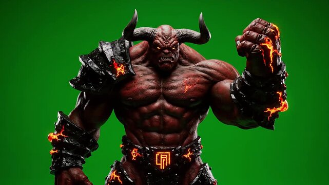 Realistic Crimson Demon Lord in Molten Armor Flexing Claw on Chroma Key
