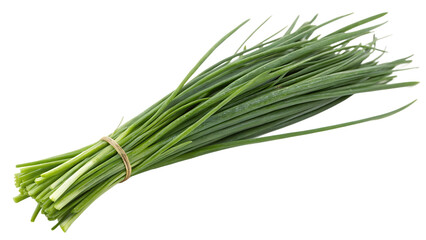 Fresh bunches of vibrant green chives Allium schoenoprasum leaves on solid white background isolated on a transparent background