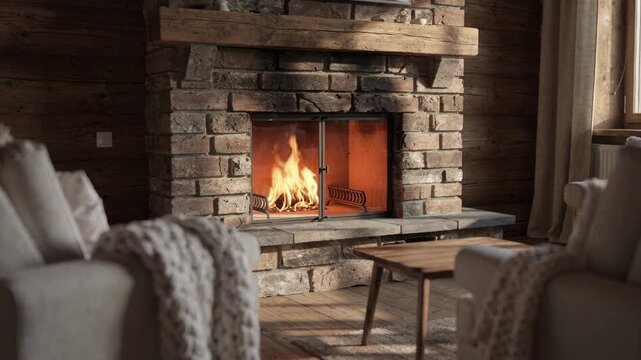 Mountain cabin hearth corner with an unlit brick fireplace as the main subject surrounded by blurred cushioned seats and a wooden side table evoking calm anticipation.