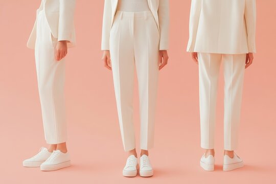 White ankle pants showcased on model against soft coral background highlighting a fashionable and modern look