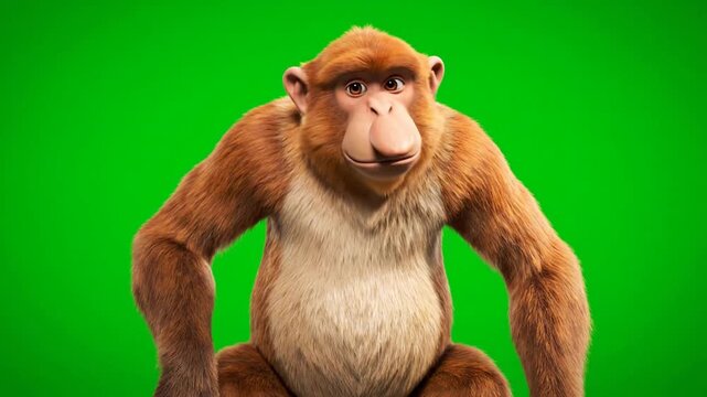 A cartoon monkey sitting with hands on hips in a green screen environment from a frontal viewpoint