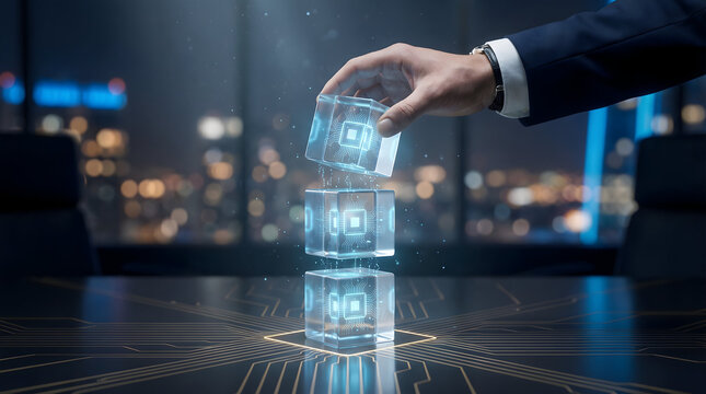 Hand Stacking Glowing Digital Circuit Cubes for Technology Concept