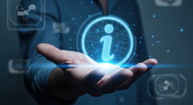 Male hand holding a digital info icon to read more about a topic.