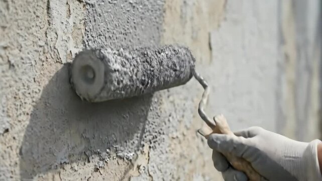 Close Up of Hand Applying Grey Paint to Textured Exterior Wall 3D Render