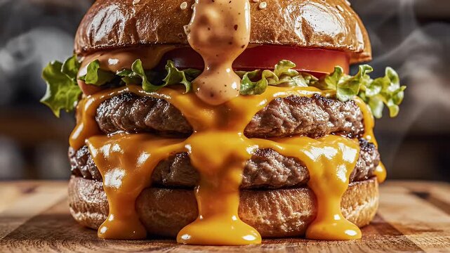 Delicious double burger with dripping sauce on wooden board closeup