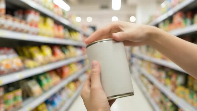 Close Up of Hands Holding Tin Can with Blank White Label in Grocery Store