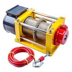 Industrial Electric Winch with Braided Wire Rope and Power Cable Ready for Use isolated on a transparent background