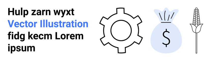 Gear, dollar money bag, and wheat stalk emphasizing industry, finance, and agriculture. Ideal for economy, sustainability, growth, development technology business strategy simple landing page © robu_s