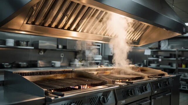 Medium shot of stainless steel ventilation hood above busy kitchen grills with filters clearly visible capturing sleek design and functional overhead exhaust system.
