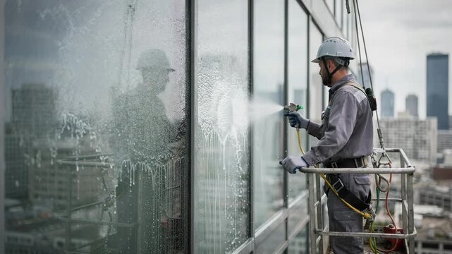 Technician spraying selfcleaning solution on highrise building window in medium shot coating process in focus blurred urban skyline in the background.