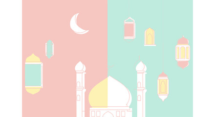Ramadan Kareem Mosque Crescent Moon Lanterns Pink Teal Background Islamic Celebration