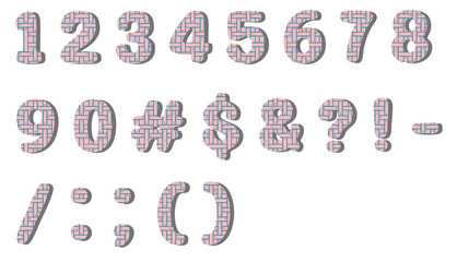 Naklejka premium Lavender Pink Woven Texture Numbers and Symbols Set, 3D Soft Weave Pattern Numerals with Shadow on Transparent Background
