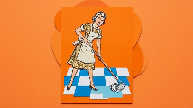 Happy Retro Housemaid Mopping Floor in Pop Art Collage Style Animation