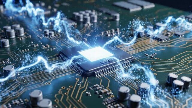 Futuristic C P U Circuitry with Dynamic Energy Flow Tech Processor Visuals for Tech Innovations, A I Development, and Cutting- Edge Tech Marketing