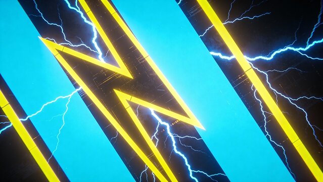 Bold abstract art with jagged lightning motifs in electric blues and yellows, dynamic diagonal compo