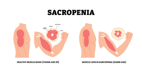 Sarcopenia or muscle wasting syndrome or muscle loss in older age or aging adult. Labeled bone marrow, flesh, muscle, fatty tissue and bone cross section. Muscle Atrophy. Healthcare illustration