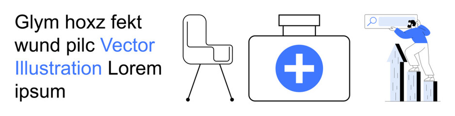 Obraz premium Healthcare, data analysis, business growth, office design, productivity, medical resources. A medical box with a cross, a chair and a figure examining charts. Healthcare and data analysis concept
