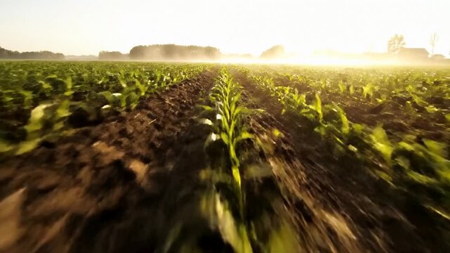 Low angle view across young corn rows at sunrise, rich soil furrows and morning haze suggest rural growth and harvest planning, calm golden light for agriculture themes