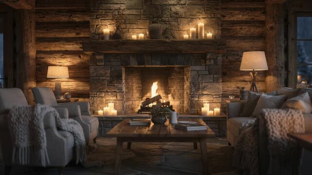 Rustic lodge hearth with the focus on the unlit brick firebox blurred candles and cozy seating arranged for warmth and relaxation on a quiet mountain evening.