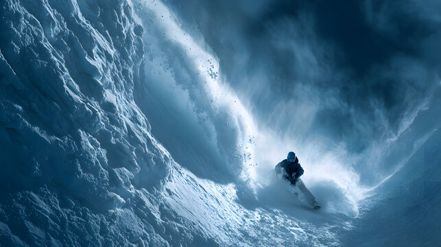 Snowboarder descending steep icy mountain chute