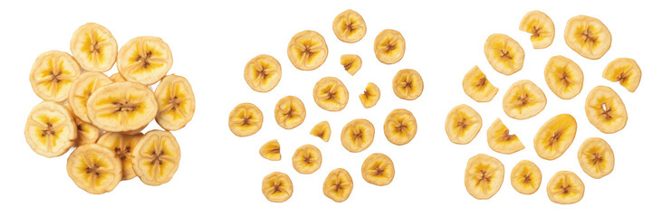 Banana chips isolated on white background, crispy banana snack, バナナチップ, fried plantain chips, healthy snack, sweet or salty banana chips, party snack, finger food, tropical snack, crunchy banana slice © DarXa
